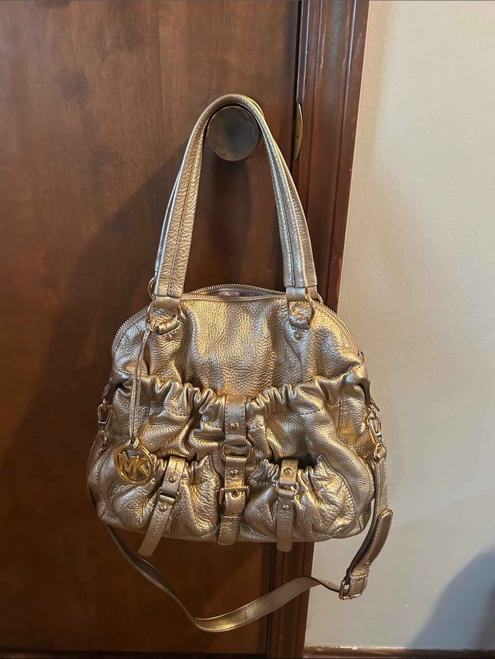 MICHAEL Michael Kors Metallic Gold Ruched Shoulder Bag with MK Charm